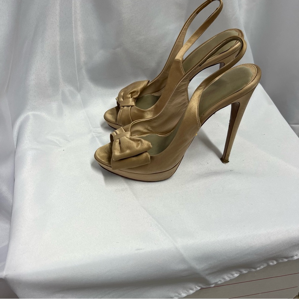 Prada satin Gold Slingback Heels with Bow